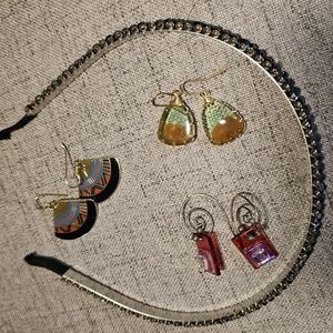 Elegant Gold and Silver Headband with Colorful Earrings Set